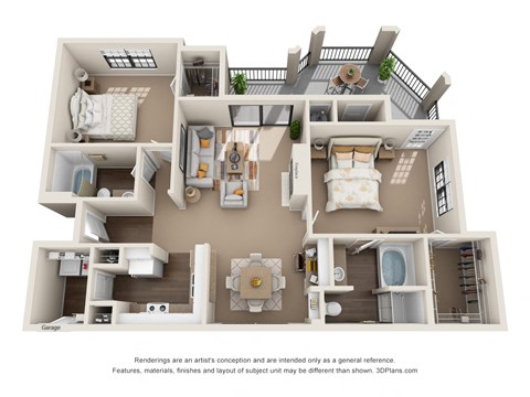 Floor plan for 2 beds, 2 baths, 1243 sqft